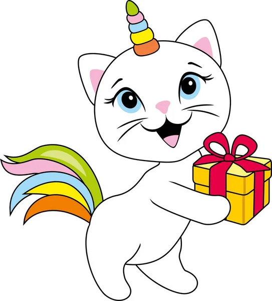 Mignon Sourire Chat Licorne Avec Boîte Cadeau — Image vectorielle