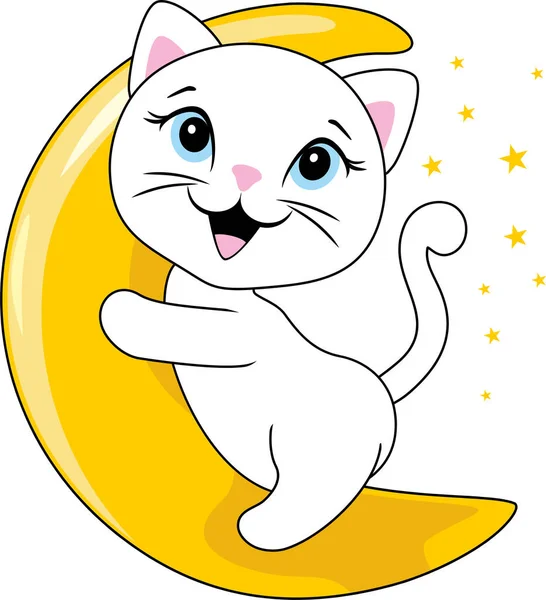 Uśmiechnięty Biały Kot Siedzący Księżycu — Wektor stockowy
