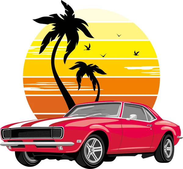 Κλασικό Ρετρό Κόκκινο Αυτοκίνητο Στο Φόντο Του Ηλιοβασιλέματος Αυτοκόλλητο — Διανυσματικό Αρχείο