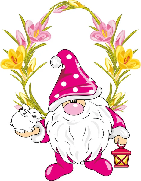 Funny Nordic Gnome Cute Rabbit Floral Frame — Stock Vector