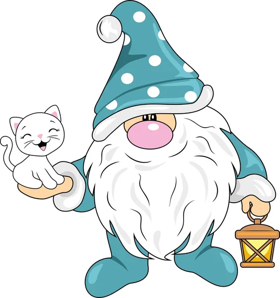 Funny Nordic Gnome Cute White Cat — Stock Vector