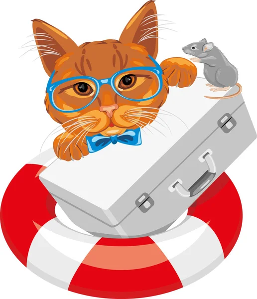 Αστεία Γάτα Ποντίκι Και Κουτί Πρώτων Βοηθειών Στη Σωσίβια Λέμβο — Διανυσματικό Αρχείο