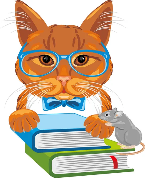 Smart Rudy Kot Książkami Śmieszne Myszy — Wektor stockowy