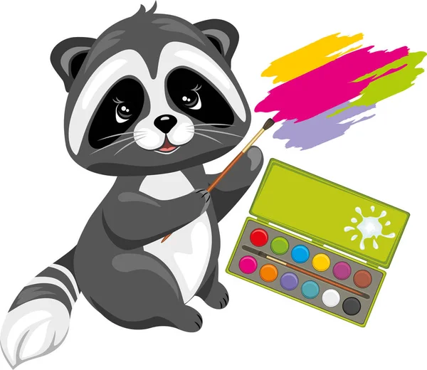 Raccoon Brush Watercolor Paints — Stock Vector