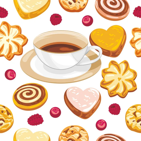 Nahtloses Muster Mit Keksen Beeren Und Kaffee — Stockvektor