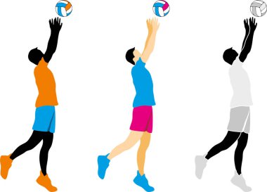 Üç voleybol oyuncusu beyazda izole edilmiş. Tasarım için ayarla