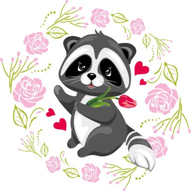 Çiçekli, pembe güllü mutlu bir rakun.