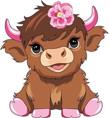 Kafasında pembe bir çiçek olan şirin bebek İskoç ineği.