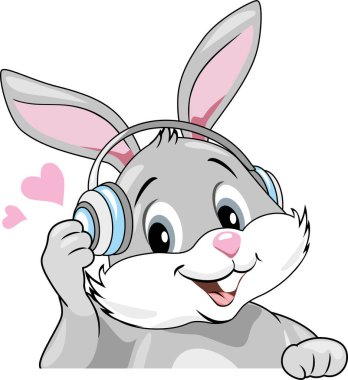 Gülümseyen tavşan kulaklıkla müzik dinle.
