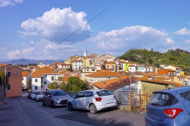 Pitelli. Pitelli, village of La Spezia. Panorama of the village on the hill between the shipyards and the ENEL industrial area. clipart