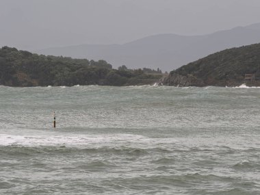 Dalgalar ve köpükler Toskana 'daki Baratti körfezinde kumsalda