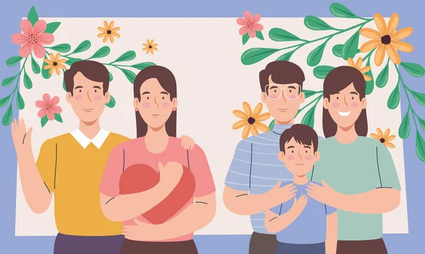 Koreli Anne Baba Çiftler Çiçek Karakterli Oğul — Stok Vektör