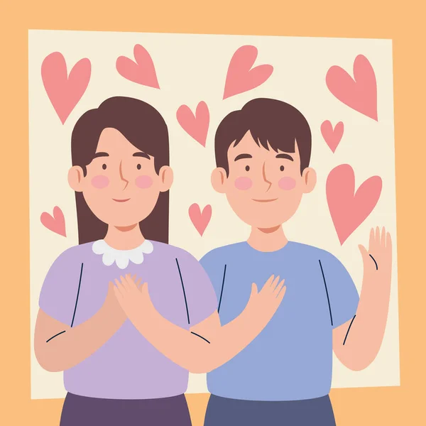 Coreano Crianças Casal Com Corações Personagens —  Vetores de Stock