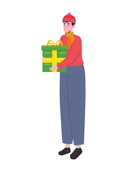 クリスマスプレゼントのキャラクターを持つ男 — ストックベクタ
