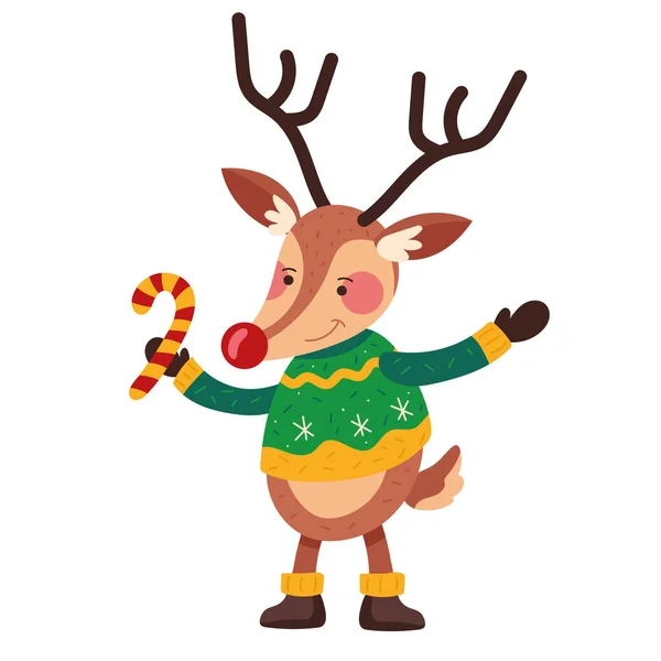 Cute Christmas Reindeer Cane — Stock Vector