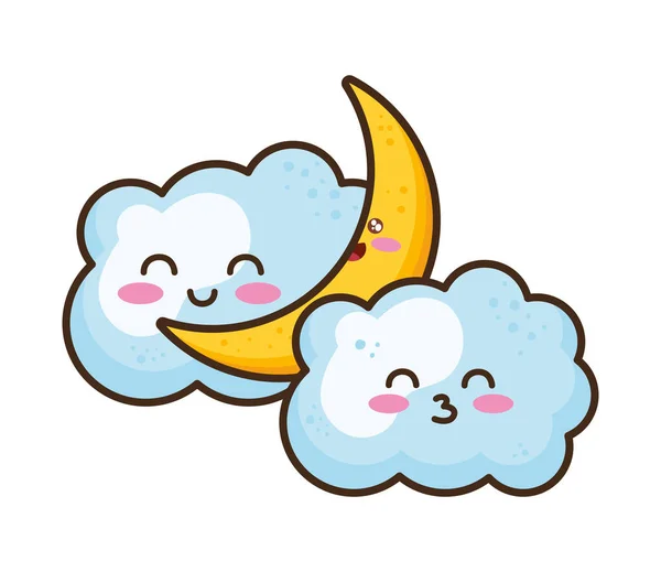 Nuvole Kawaii Personaggi Della Luna — Vettoriale Stock