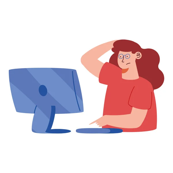 Woman Using Desktop Computer Tech — Stock Vector