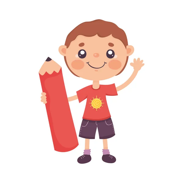 Маленький Школьник Красным Характером Карандаша — стоковый вектор