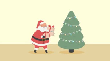 Hediye ve ağaçlı Noel Baba, 4k video animasyonu.
