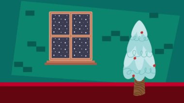Ev animasyonunda mutlu noel ağaçları, 4k video animasyonu