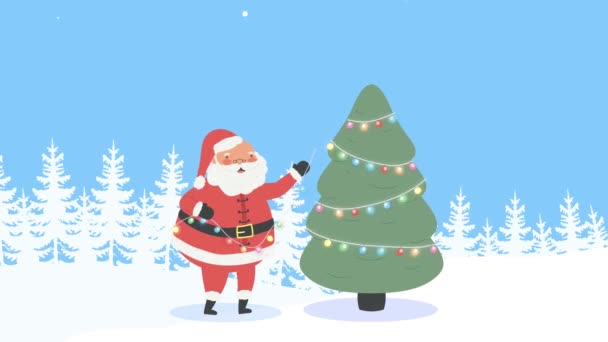 Санта Клаус Деревом Сніжному Пейзажі Відео Анімовані — стокове відео