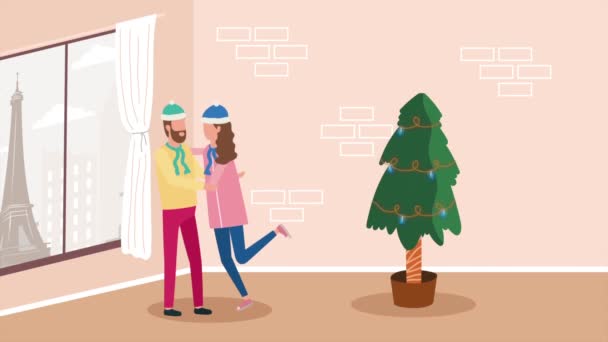 Couple Celebrating Christmas Tree Animation Video Animated — Stock Video