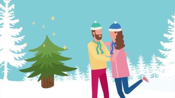 Couple Célébrant Noël Dans Paysage Neige Vidéo Animé — Video