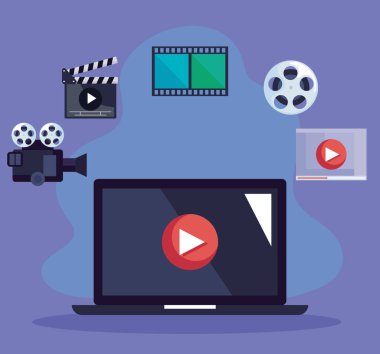 Mor arkaplanda video simgeleri olan dizüstü bilgisayar