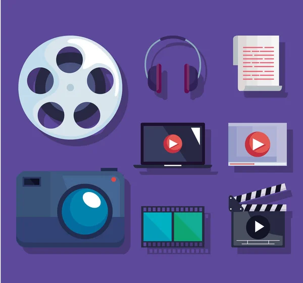 Video Production Icon Group Purple Background — Stock Vector