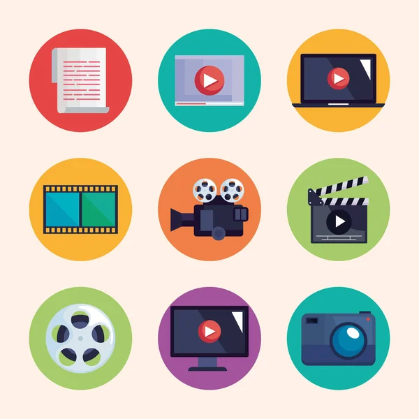 Ikony Výroby Videa Kruzích Pozadí — Stockový vektor