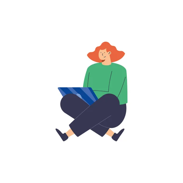 Γυναίκα Κάθεται Χρησιμοποιώντας Laptop Χαρακτήρα — Διανυσματικό Αρχείο