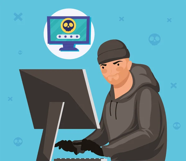 Hacker Met Behulp Van Desktop Cyber Security — Stockvector