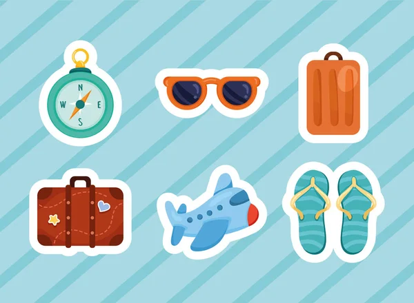 Six Travel Vacations Set Icons — Stock Vector