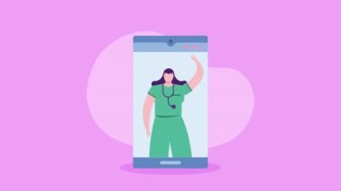 Akıllı telefon animasyonunda bayan doktor, 4k video animasyonu