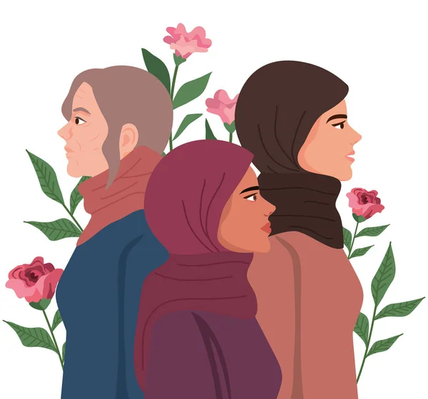 Trzy Irańskie Postacie Kobiet Kwiatami — Wektor stockowy