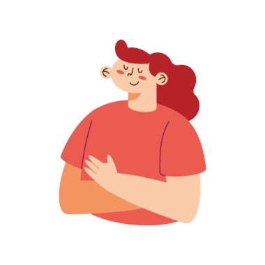 Kırmızı tişörtlü kadın.