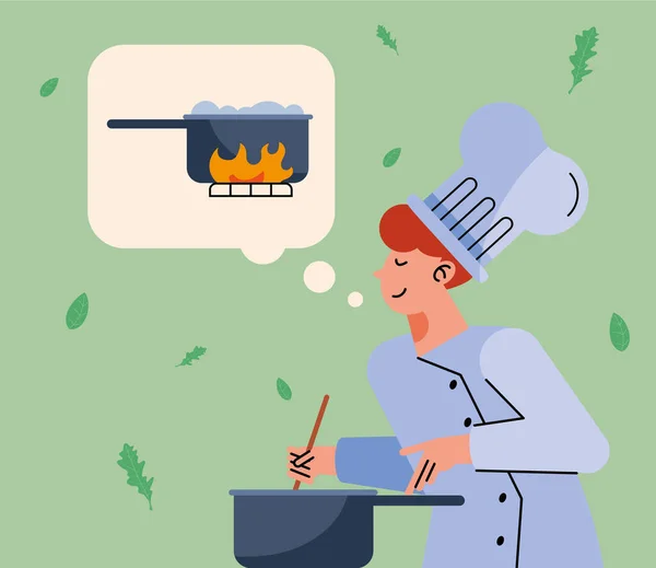 鍋の文字で調理する若い男 — ストックベクタ