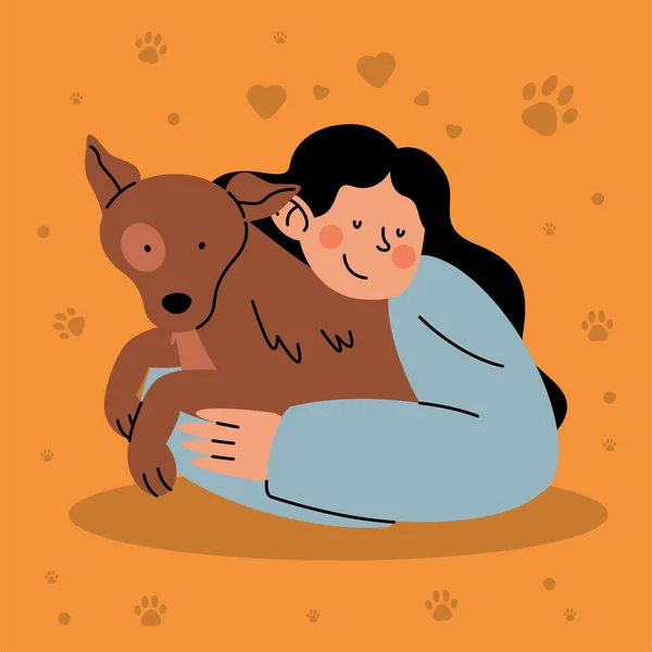 Vrouw Knuffelen Hond Mascotte Personages — Stockvector