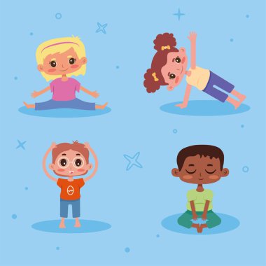 Yoga yapan dört küçük çocuk.