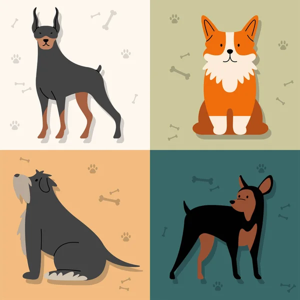 四只小狗可爱的吉祥物人物 — 图库矢量图片