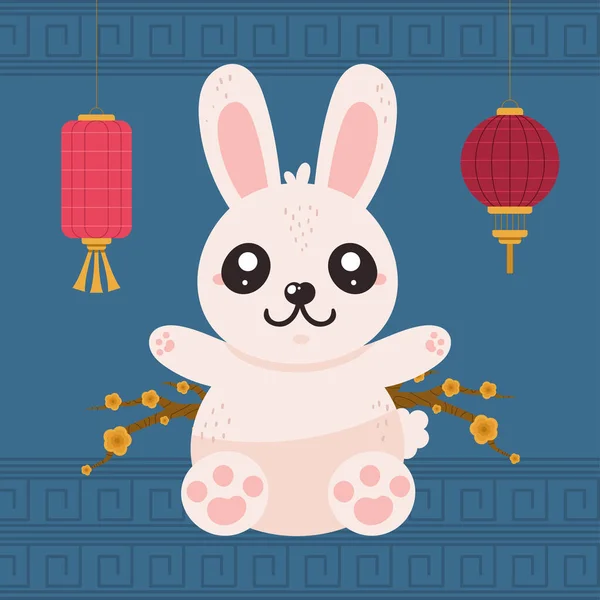 Conejo Linternas Chino Año Nuevo Cartel — Vector de stock