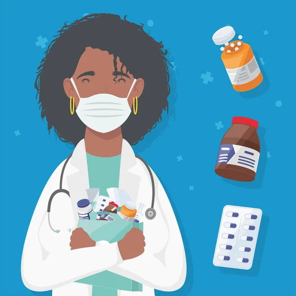 Afro Γυναίκα Γιατρός Χαρακτήρα Φάρμακα — Διανυσματικό Αρχείο