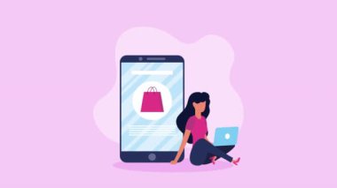 Akıllı telefon animasyonlu genç kadın, 4k video animasyonu