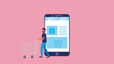 Alışveriş arabalı genç adam animasyonu, 4k video animasyonu