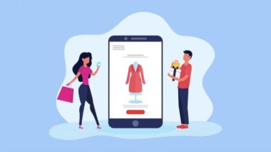 Akıllı telefon karakterleri kullanan genç çift, 4k video animasyonu