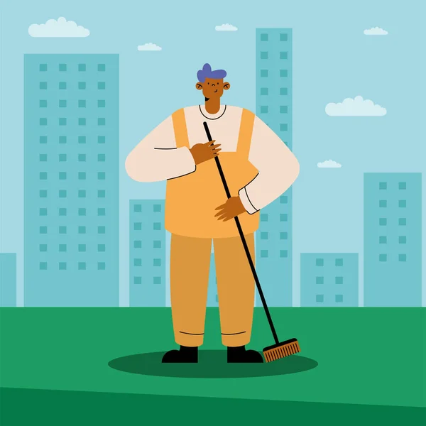 Professional Street Sweeper Worker Character — Stock Vector