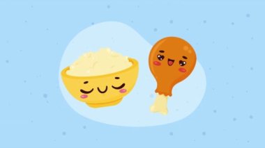 cereal and chicken thigh kawaii characters ,4k video animated