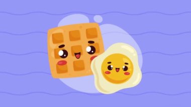 waffle and egg fries kawaii characters ,4k video animated