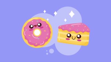 donut and cake kawaii characters ,4k video animated