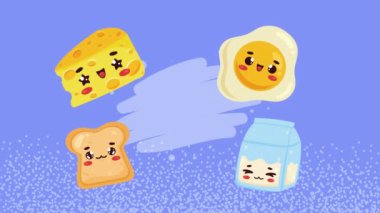 four breakfast food kawaii characters ,4k video animated